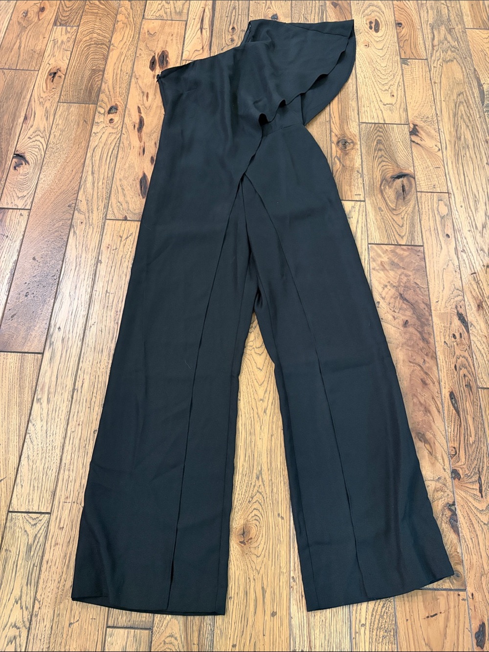VENUS Black One-Shoulder Wide-Leg Jumpsuit with Ruffle Detail